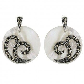 Marcasite Earring 25X25mm White Mother of Pearl Round with Pave Marcasite Double S