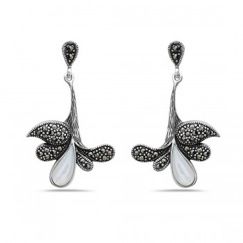 Marcasite Earring 4Pcs Marcasite+1Pcs White Mother of Pearl Tear Drop Dangle