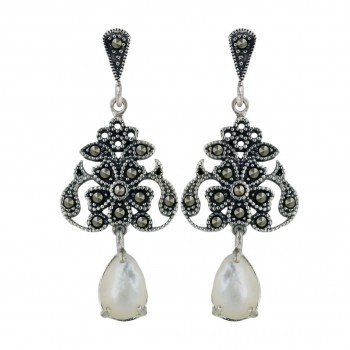Marcasite Earring Flowery Top+White Mother of Pearl Tear Drop