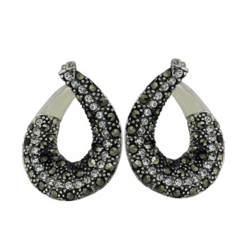 Marcasite Earring 25X20mm Clear Cubic Zirconia Open Tear Drop Oxidized Latch H