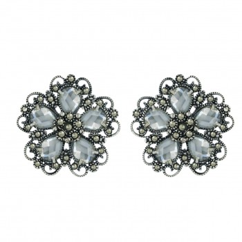 Marcasite Earring 5 Clear Cubic Zirconia Chess Cut Flower Petals