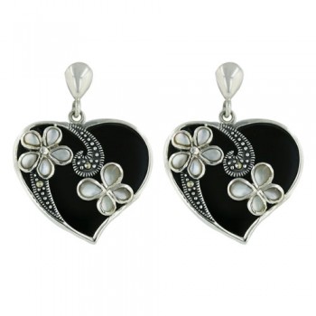 Marcasite Earring 25mm Onyx Heart with White Mother of Pearl Flwrs+Pave Marcasite