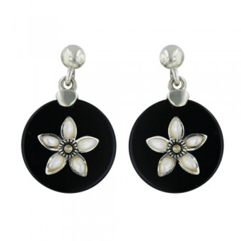 Marcasite Earring 15mm Onyx Round with White Mother of Pearl Flower Ctr