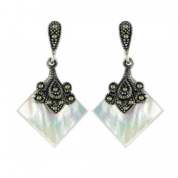 Marcasite Earring 18X18mm White Mother of Pearl Rhombus with Flower Motif To
