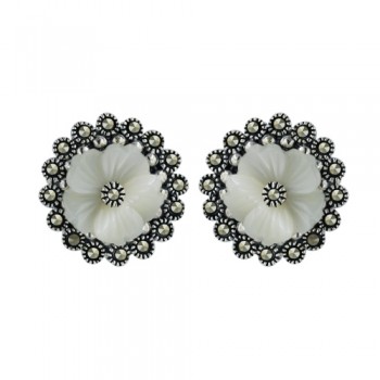 Marcasite Earring White Mother of Pearl Flower with Marcasite Bezel