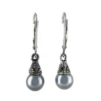 Marcasite EARRING 6MM SIMULATED GRAY PEARL+Marcasite CAP DANGLE WITH LEVERBACK