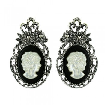 Marcasite Earring 26X15mm White Mother of Pearl Lady Cameo with Onyx Oval+P
