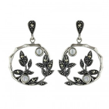 Marcasite Earring 16X16mm White Mother of Pearl with Pave Marcasite Leaves Open Ro