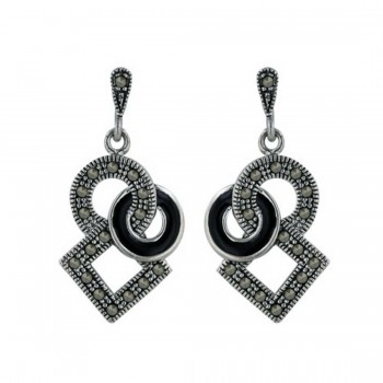 Marcasite Earring Black Opaque Epoxy Circle Linked with Open Pave