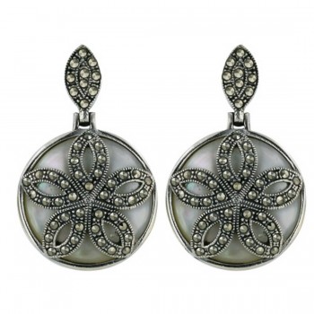 Marcasite Earring White Mother of Pearl Round Carnelian with Marcasite Flower