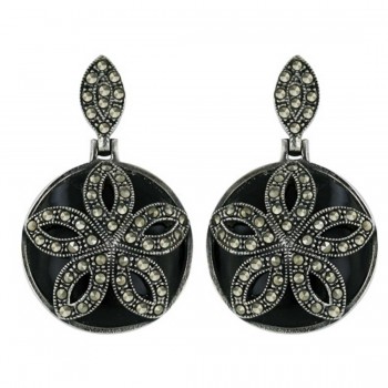Marcasite Earring Onyx Round with Pave Marcasite Flower