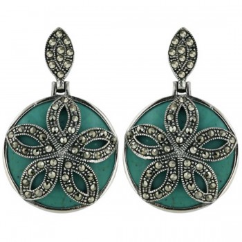 Marcasite Earring Reconstructed Turquoise Round with Pave Marcasite Flower