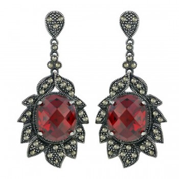 Marcasite Earring 14X12mm Garnet Cubic Zirconia Chess Cut Dome with Pave Marcasite Flower