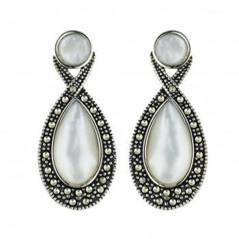 Marcasite Earring White Mother of Pearl Tear Drop with Pave Marcasite Around