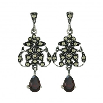 Marcasite Earring Garnet Cubic Zirconia Tear Drop Dangling with Pave Marcasite Flowery Top