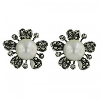 Marcasite Earring with 11mm Shell Pearl& Marcasite Leafs Aro