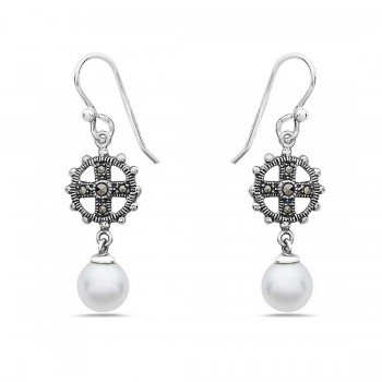 Marcasite Earring with Cross with Dangle Fresh Water Pearl