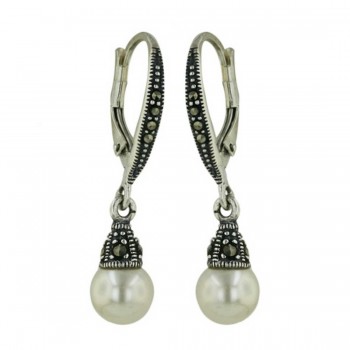 Marcasite Earring Leverback with Imitation Pearl