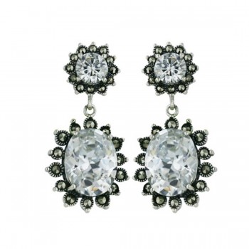 Sterling Silver Earring Clear 6mm Rd Post 10X13 Oval Dangle