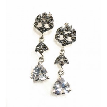 Marcasite Earring Dangle Clear Cubic Zirconia Heart