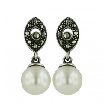 Marcasite Earring 10mm White Pearl Top Marcasite Open Marquis