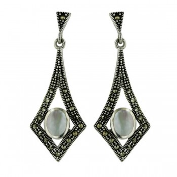 Marcasite Earring 6X7mm Oval Mother of Pearl Cntr Open Marcasite Rhombus Dangle