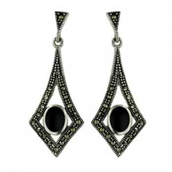 Marcasite Earring 6X7mm Oval Onyx Cntr Open Marcasite Rhombus Dangling