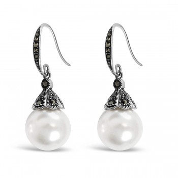 Marcasite Earring Faux Pearl 14 Mm With Marcasite Flower