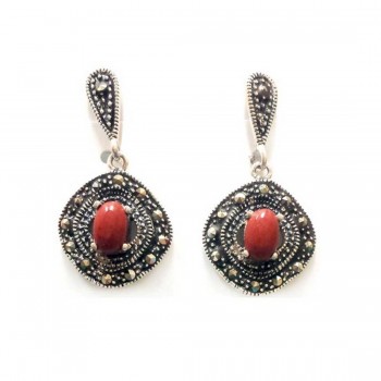 Marcasite Earring Oval Red Jasper on Rhombus with Marcasite Around