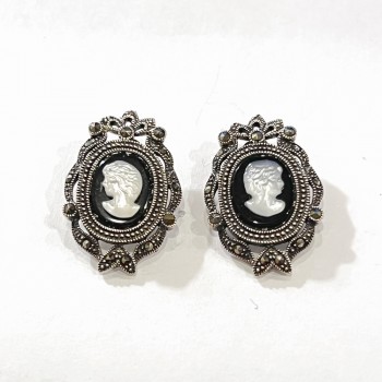 Marcasite Earring 23X16mm Cameo with Filigree Marcasite Frame Stud