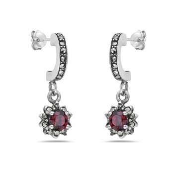 MS EARRING GARNET CZ FLOWER DROP WITH MARCASITE C HOOP