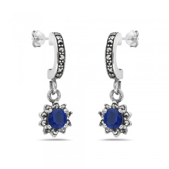 MS EARRING SAPPHIRE GLASS FLOWER DROP WITH MARCASITE C HOOP