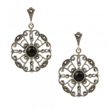 MARCASITE EARRING FILIGREE ROUND ONYX CENTER