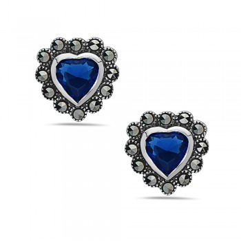 Marcasite Earring Sapphire Blue Glass Heart Marcasite Wr
