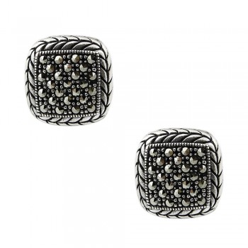 MARCASITE EARRING CUSHION PAVE MARCASITE CENTER WITH ROPE SIDES