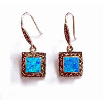 Marcasite Earring Square Clear Cubic Zirconia With Marcasite Wire