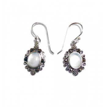 Marcasite Earring Oval White Mother Of Pearl Wavy Flower