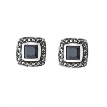 MS EARRING SQUARE PRINCESS CUT BLACK CZ MARCASITE