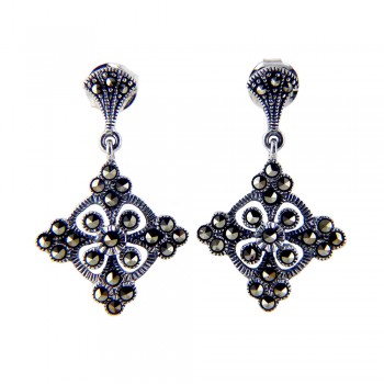 Marcasite EARRING DANGLE DIAMOND SHAPE 4 PETALS FLOWERS C