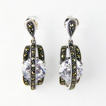 Marcasite EARRING DANGLE ROUND Cubic Zirconia THREE MARCASITE LINE OV