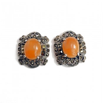 Marcasite Earring Oval Yellow Jade With Victorian Design Ar