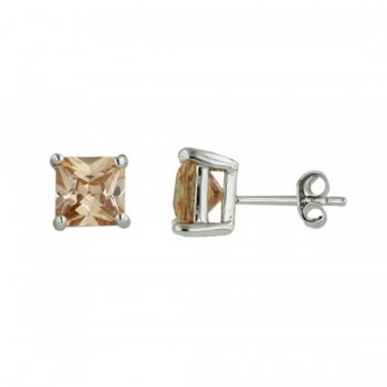 Sterling Silver Earring Champagne Cubic Zirconia Square Princess Cut 7Mm Stud