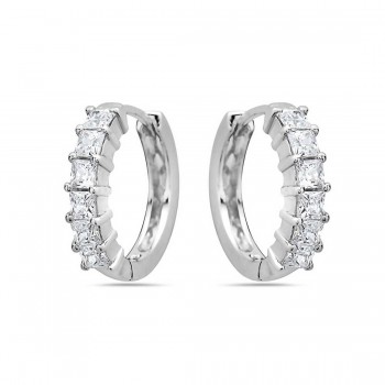 Sterling Silver Earring 6 Clear Cubic Zirconia Square Princess Cut Huggies--Rhodium Plating/Nickle Free-