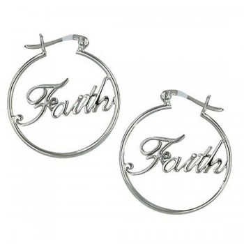 Sterling Silver Earring 25mm Circle Latch Hoop with Word'G 'Faith'