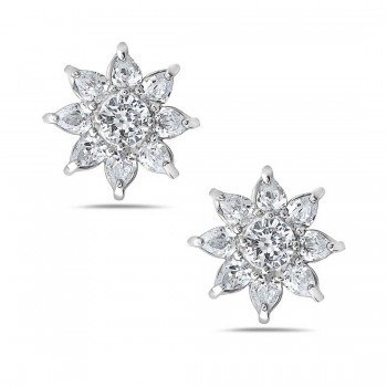 Sterling Silver Earring 8 Clear Cubic Zirconia Tear Drop Petals Flower 6S-865Cl