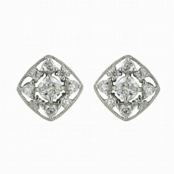 Sterling Silver Earring Cushion Clear Cubic Zirconia with Heart/Oval Clear Cubic Zirconia Sided