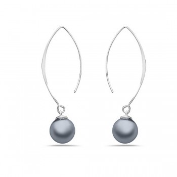 Sterling Silver Earring Almond Hook With 12 Mm Gray Glass Pearl B