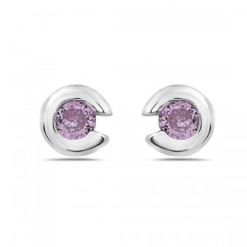 Sterling Silver Earring Pink Cubic Zirconia Buttn Silver Plating