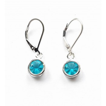 Sterling Silver Earring 8Mm Aqua Blue Glass Round Bezel With Leve