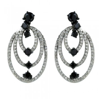 Sterling Silver Earring 30X17mm Open Triple Layer Clear Cubic Zirconia Oval with 6 P